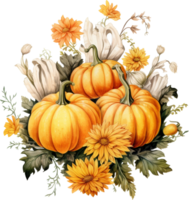 Autumn watercolor illustration with pumpkins and flowers leaves isolated on white background. Watercolor hand-painted perfect for design decorative greeting cards, or posters in the autumn festival. png