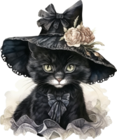 acquerello vittoriano strega gatto nel nero cappello. nero gatto. contento Halloween. carino Vintage ▾ nero gattino nel un' Halloween cappello con fiori. png