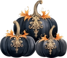 Watercolor halloween black Victorian pumpkin. Autumn dark decor. Colored decorated pumpkins, black and orange pumpkin png