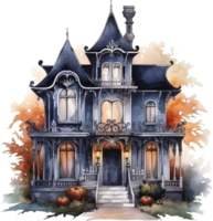 vattenfärg svart victorian hus med pimkins halloween dekor. mörk illustration png