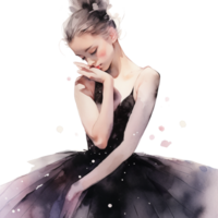 watercolor ballerina in black dress tutu. Isolated painting sketch on white background. png