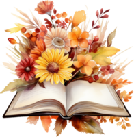 Watercolor autumn composition with open book and fall flowers. png