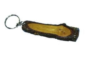 Isolated white of a key ring in the shape of a piece of wood. photo