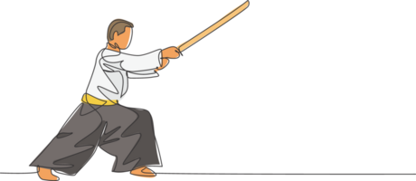 uno singolo linea disegno di giovane energico uomo indossare chimono esercizio aikido tecnica con di legno spada nel sport sala illustrazione. Salute stile di vita sport concetto. continuo linea disegnare design png