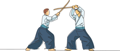 uno continuo línea dibujo de joven hombre aikido combatiente práctica utilizando de madera espada a dojo formación centro. marcial Arte combativo deporte concepto. dinámica soltero línea dibujar diseño ilustración png