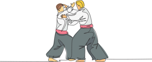 Single continuous line drawing of two young sportive man wearing kimono practice aikido technique woth sparring fight. Japanese martial art concept. Trendy one line draw design illustration png