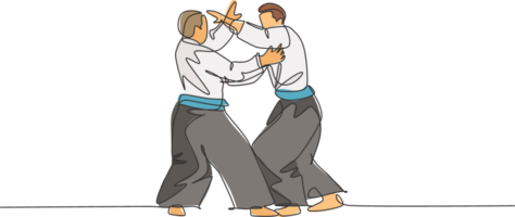 uno soltero línea dibujo de dos joven energético hombres vistiendo kimono ejercicio aikido lucha técnica en deporte salón ilustración. sano estilo de vida deporte concepto. moderno continuo línea dibujar diseño png