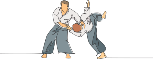 uno continuo línea dibujo joven hombre aikido combatiente práctica luchando truco a dojo formación centro. marcial Arte combativo deporte concepto. dinámica soltero línea dibujar gráfico diseño ilustración png