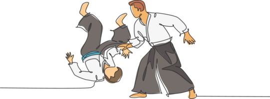 uno continuo linea disegno di giovane uomo aikido combattente pratica combattente tecnica a dojo formazione centro. marziale arte combattivo sport concetto. dinamico singolo linea disegnare design illustrazione png