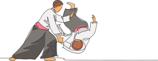 One continuous line drawing of two young man aikido fighter practice throw technique at dojo training center. Martial art combative sport concept. Dynamic single line draw design illustration png