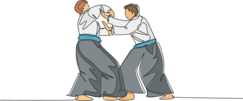 Célibataire continu ligne dessin de deux Jeune sportif homme portant kimono entraine toi aikido combat technique dans dojo centre. Japonais martial art concept. branché un ligne dessiner conception illustration png