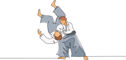 uno continuo linea disegno di Due giovane uomini aikido combattente pratica combattente treno sbattere tecnica a dojo centro. marziale arte sport concetto. dinamico singolo linea disegnare design illustrazione png