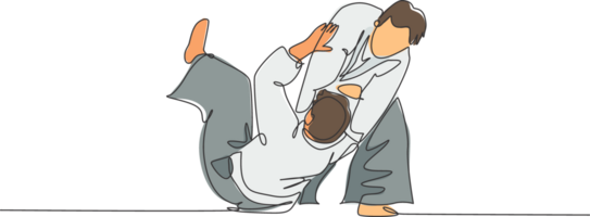 einer Single Linie Zeichnung von zwei jung energisch Männer tragen Kimono Übung Aikido werfen Technik im Sport Halle Illustration. gesund Lebensstil Sport Konzept. modern kontinuierlich Linie zeichnen Design png