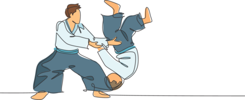 een doorlopend lijn tekening van jong mannen aikido vechter praktijk vechten techniek Bij dojo opleiding centrum. krijgshaftig kunst strijdlustig sport concept. dynamisch single lijn trek ontwerp illustratie png