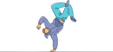 uno soltero línea dibujo de joven moderno calle bailarín hombre con capucha ejecutando cadera salto danza en el etapa gráfico ilustración. urbano Generacion estilo de vida concepto. continuo línea dibujar diseño png