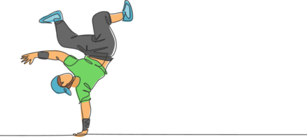 un continu ligne dessin de Jeune sportif Pause Danseur homme avec décontractée chemise spectacle hip hop Danse style dans le rue. Urbain mode de vie sport concept. dynamique Célibataire ligne dessiner conception illustration png