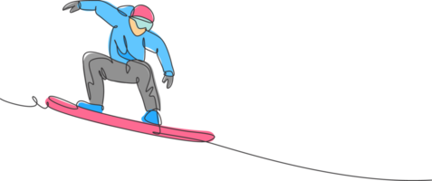 single doorlopend lijn tekening van jong sportief snowboarder Mens rijden snowboard Bij berg. buitenshuis extreem sport. winter seizoen vakantie concept. modieus een lijn trek ontwerp illustratie png