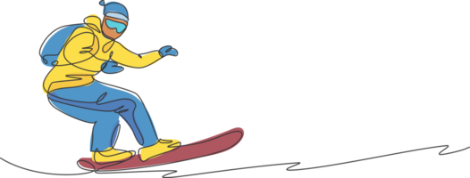 uno continuo línea dibujo de joven deportivo hombre snowboarder montando tabla de snowboard en Alpes Nevado polvo montaña. invierno estilo de vida deporte concepto. dinámica soltero línea dibujar diseño gráfico ilustración png