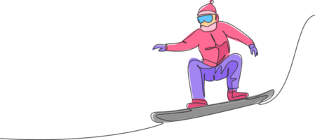 soltero continuo línea dibujo de joven juguetón snowboarder hombre saltando paseo tabla de snowboard a montaña. al aire libre extremo deporte. invierno vacaciones concepto. de moda uno línea dibujar diseño ilustración png