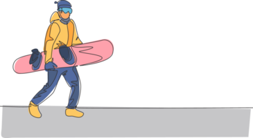 Célibataire continu ligne dessin de Jeune sportif snowboarder homme marcher et tenir snowboard à Montagne. Extérieur extrême sport. hiver saison vacances concept. un ligne dessiner conception illustration png