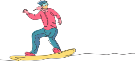 ett enda linje teckning av ung energisk snowboardåkare kvinna rida snabb snowboard på snöig berg illustration. turist semester livsstil sport begrepp. modern kontinuerlig linje dra design png