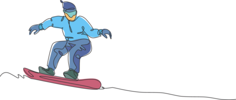 soltero continuo línea dibujo de joven juguetón snowboarder hombre montando tabla de snowboard a montaña. al aire libre extremo deporte. invierno temporada vacaciones concepto. de moda uno línea dibujar diseño ilustración png