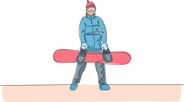 ett kontinuerlig linje teckning av ung sportig man snowboardåkare innehav snowboard styrelse i alps snöig pulver berg. vinter- livsstil sport begrepp. dynamisk enda linje dra design illustration png