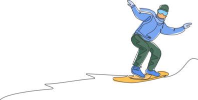 einer Single Linie Zeichnung jung energisch Snowboarder Mann Reiten schnell Snowboard beim schneebedeckt Berg Grafik Illustration. Tourist Ferien Lebensstil Sport Konzept. modern kontinuierlich Linie zeichnen Design png