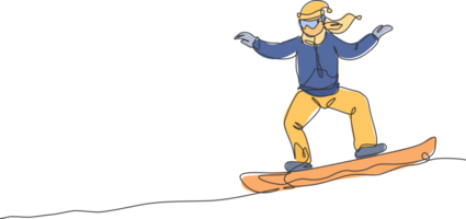 Célibataire continu ligne dessin de Jeune sportif snowboarder femme équitation snowboard à Montagne. Extérieur extrême sport. hiver saison vacances concept. branché un ligne dessiner conception illustration png