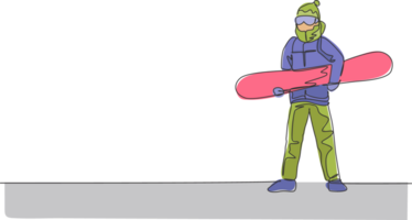 1 contínuo linha desenhando do jovem desportivo homem snowboarder segurando snowboard dentro Alpes Nevado pó montanha. inverno estilo de vida esporte conceito. dinâmico solteiro linha desenhar Projeto gráfico ilustração png