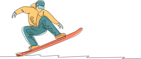 un Célibataire ligne dessin Jeune énergique snowboarder homme balade vite snowboard à neigeux Montagne graphique illustration. touristique vacances mode de vie sport concept. moderne continu ligne dessiner conception png