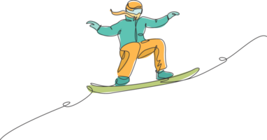 uno singolo linea disegno di giovane energico snowboarder donna cavalcata veloce Snowboard a nevoso montagna illustrazione. turista vacanza stile di vita sport concetto. moderno continuo linea disegnare design png