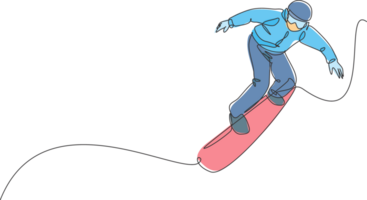 einer kontinuierlich Linie Zeichnung von jung sportlich Mann Snowboarder Reiten Snowboard und springen beim Alpen schneebedeckt Pulver Berg. Winter Lebensstil Sport Konzept. dynamisch Single Linie zeichnen Design Illustration png