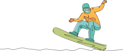 single doorlopend lijn tekening jong sportief snowboarder Mens rijden snowboard snel Bij berg. buitenshuis extreem sport. winter vakantie concept. modieus een lijn trek ontwerp grafisch illustratie png