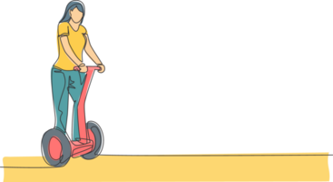 uno continuo linea disegno di giovane contento donna cavalcata elettrico calcio scooter a all'aperto parco. verde trasporto. futuro urbano stile di vita concetto. dinamico singolo linea disegnare design illustrazione png