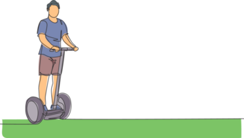 uno continuo linea disegno di giovane contento uomo cavalcata elettrico calcio scooter a all'aperto parco. verde trasporto. futuro urbano stile di vita concetto. dinamico singolo linea disegnare design illustrazione png