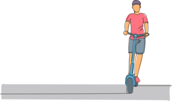 uno soltero línea dibujo de joven energético hombre montando eléctrico scooter a ciudad parque gráfico ilustración. futuro transporte. sano estilo de vida deporte concepto. moderno continuo línea dibujar diseño png