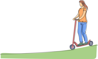 singolo continuo linea disegno giovane contento donna equitazione elettrico scooter a pubblico la zona. eco amichevole trasporto. urbano stile di vita concetto. di moda uno linea disegnare grafico design illustrazione png
