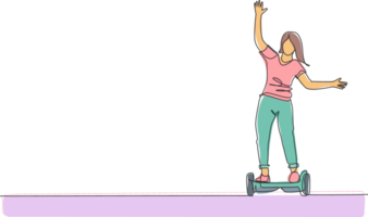One single line drawing of young energetic man riding hoverboard at city park illustration. Future gyro scooter transport. Healthy urban lifestyle concept. Modern continuous line draw design png