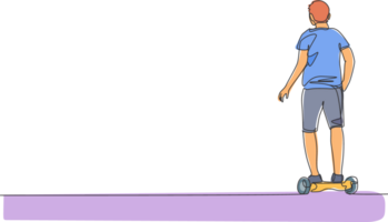 einer kontinuierlich Linie Zeichnung jung glücklich Mann Stand und Reiten Hoverboard beim draussen Park. Grün Transport. Zukunft städtisch Lebensstil Konzept. dynamisch Single Linie zeichnen Design Grafik Illustration png