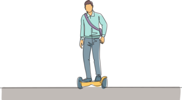 einer kontinuierlich Linie Zeichnung von jung glücklich Arbeiter Mann Stand und Reiten Hoverboard zu Büro. Grün Transport. Zukunft städtisch Lebensstil Konzept. dynamisch Single Linie zeichnen Design Illustration png