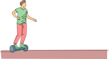 single doorlopend lijn tekening van jong gelukkig Mens rijden hoverboard Bij openbaar Oppervlakte. eco vriendelijk gyroscooter vervoer. stedelijk levensstijl concept. modieus een lijn trek ontwerp illustratie png