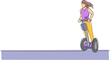 uno soltero línea dibujo de joven energético mujer montando eléctrico patada scooter a ciudad parque ilustración. futuro transporte. sano estilo de vida deporte concepto. moderno continuo línea dibujar diseño png