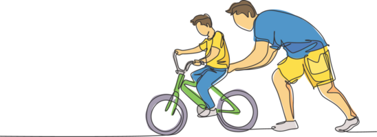 uno soltero línea dibujo de joven padre enseñando su hijo montando bicicleta a público parque gráfico ilustración. paternidad lección. urbano familia hora concepto. moderno continuo línea dibujar diseño png