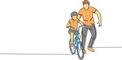 One continuous line drawing of young father help his son learning to ride a bicycle at countryside together. Parenthood lesson concept. Dynamic single line draw graphic design illustration png