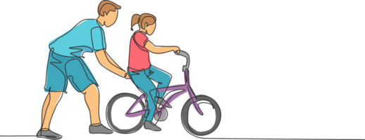 soltero continuo línea dibujo de joven niños niña aprendizaje paseo bicicleta con padre a al aire libre parque. paternidad lección. familia hora concepto. de moda uno línea dibujar gráfico diseño ilustración png