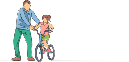 ett kontinuerlig linje teckning av ung far hjälp hans dotter inlärning till rida en cykel på landsbygden tillsammans. föräldraskap lektion begrepp. dynamisk enda linje dra design grafisk illustration png