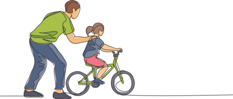 uno soltero línea dibujo joven padre enseñando su hija montando bicicleta a público parque gráfico ilustración. paternidad lección. urbano familia hora concepto. moderno continuo línea dibujar diseño png