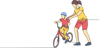 Single continuous line drawing of young kids boy learning ride bicycle with mother at outdoor park. Parenthood lesson. Family time concept. Trendy one line draw design graphic illustration png