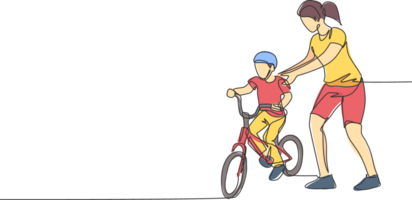 singolo continuo linea disegno di giovane bambini ragazzo apprendimento cavalcata bicicletta con madre a all'aperto parco. paternità lezione. famiglia tempo concetto. di moda uno linea disegnare design grafico illustrazione png